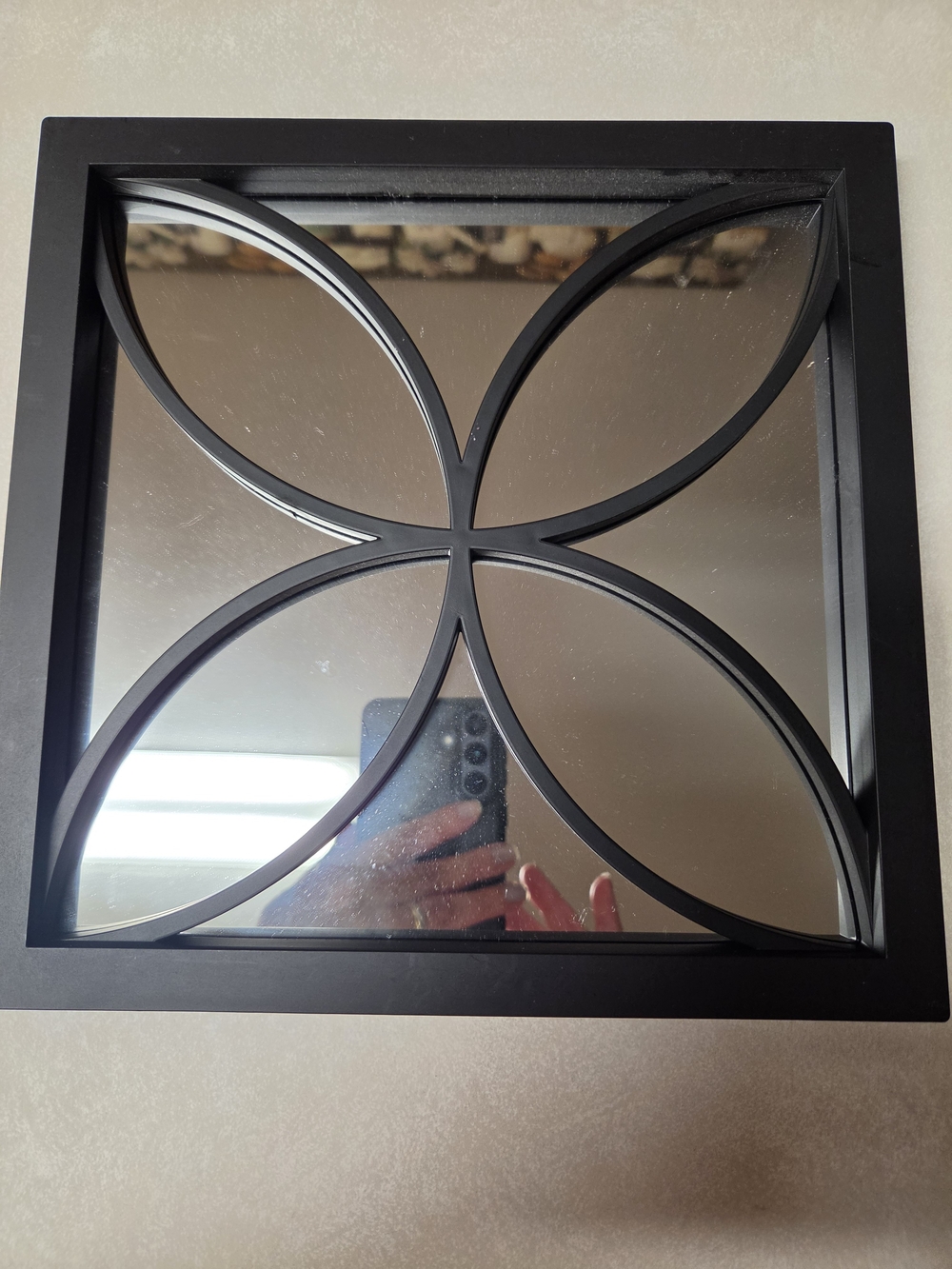 Black Decorative Square Wall Mirror with Floral Geometric Overlay